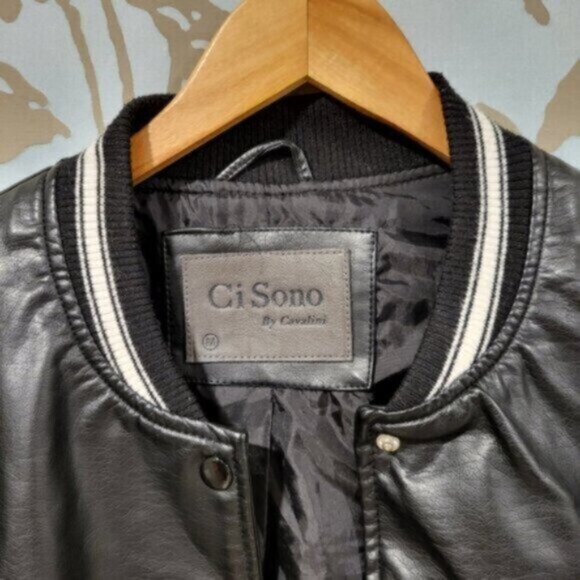 Faux Leather Bomber Jacket Black Ci Sono Size Medium - Picture 2 of 11